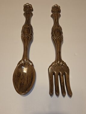 Ceramic Decorative Serving Spoon and Fork Set in Faux Antique Wooden Brown